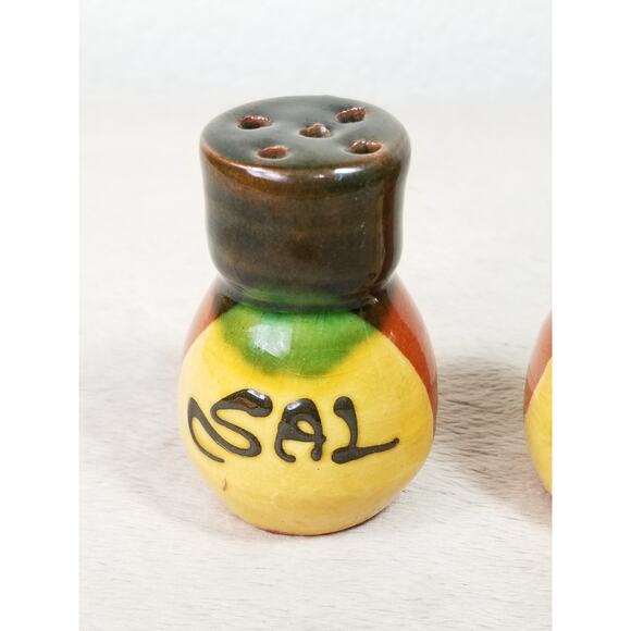 Salt & Pepper Shakers Folk Pottery Sal Pimienta 2 1/2" Ceramic 80's Home Decor - Picture 6 of 15